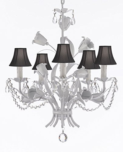 White Wrought Iron Floral Chandelier Empress Crystal (Tm) Flower Chandeliers Lighting H23" X W19" With Black Shades - J10-Sc/Blackshade/B39/B52/White/325/5 Upc