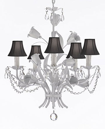 White Wrought Iron Floral Chandelier Empress Crystal (Tm) Flower Chandeliers Lighting H23" X W19" With Black Shades - J10-Sc/Blackshade/B39/B52/White/325/5 Upc