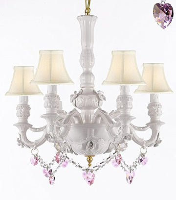 Authentic Capodimonte White Porcelain Chandelier Lighting Chandeliers Made in Italy, Good for Dining Room, Kids & Girls Bedrooms w/ Roses & Flowers Speciality item, W/ Pink Hearts Crystals and White Shades - GB102-SC/WHITESHADE/B52/B21/WHITE/435/6
