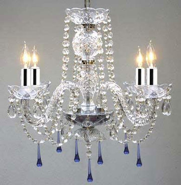 Murano Venetian Style All Crystal Chandelier Lighting W/Blue Crystals w/Chrome Sleeves! H17" x W17" - J10-B43/B33/26098/4