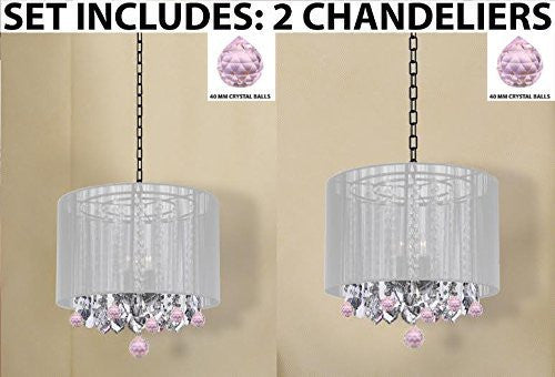 Set Of 2 - Crystal Chandeliers Chandelier With Large White Shade And Pink Crystal Balls H15 - 2Ea G7-B76/White/26028/3