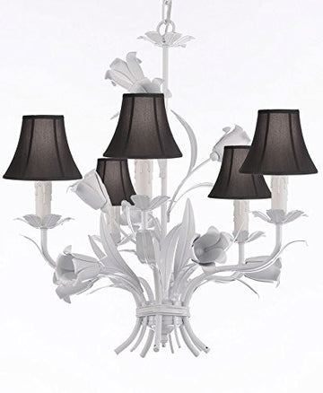 White Wrought Iron Floral Chandelier Crystal Flower Chandeliers Lighting H19" X W23" With Black Shades - J10-Sc/Blackshade/White/325/5