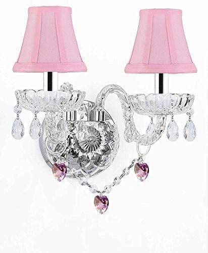 Wall Sconce Lighting with Crystal Pink Hearts w/Chrome Sleeves - Perfect for Kids and Girls Bedrooms with Shades! - G46-B43/PINKSHADES/B21/2/386