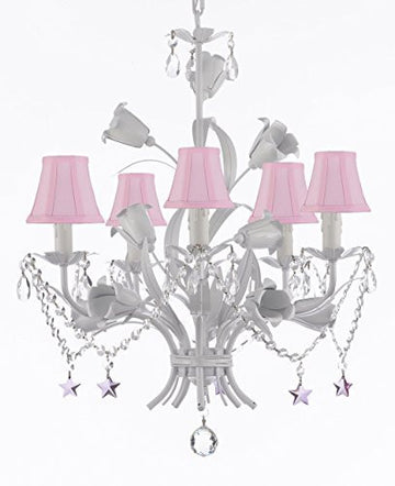 White Wrought Iron Floral Chandelier Empress Crystal (Tm) Flower Chandeliers Lighting H23" X W19" - J10-Sc/Pinkshade/B51/B52/White/325/5