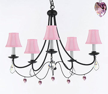 Empress Crystal (Tm) Wrought Iron Chandelier Lighting H.22.5" X W.26" With Pink Shades Swag Plug In-Chandelier W/ 14' Feet Of Hanging Chain And Wire - J10-B16/Sc/Pinkshades/B21/26031/5