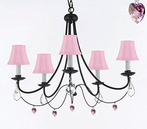 Empress Crystal (Tm) Wrought Iron Chandelier Lighting H.22.5" X W.26" With Heart Crystals And Pink Shades - J10-Sc/Pinkshades/B21/B7/26031/5