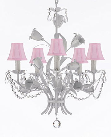 White Wrought Iron Floral Chandelier Empress Crystal (Tm) Flower Chandeliers Lighting H23" X W19" With Pink Shades - J10-Sc/Pinkshade/B39/B52/White/325/5