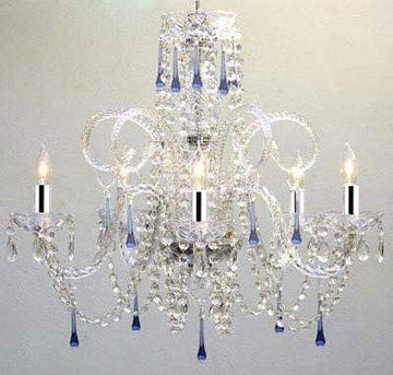 Swarovski Crystal Trimmed Chandelier! Blue Crystal Chandelier Chandeliers w/Chrome Sleeves! H25" X W24" - A46-B43/387/5BLUE SW