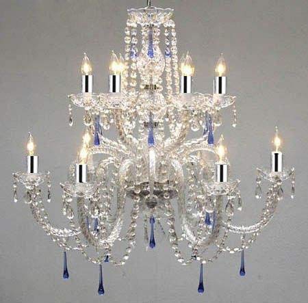 AUTHENTIC ALL CRYSTAL CHANDELIER CHANDELIERS WITH BLUE CRYSTALS W/CHROME SLEEVES! - A46-B43/387/6+6/BLUE