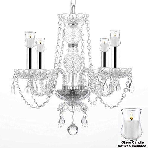 Crystal Chandelier Lighting W/Candle Votives H 17" X W 17"- for Indoor/Outdoor Use! Great for Outdoor Events, Hang from Trees/Gazebo / Pergola/Porch / Patio/Tent w/Chrome Sleeves! - J10-B43/B31/26098/4