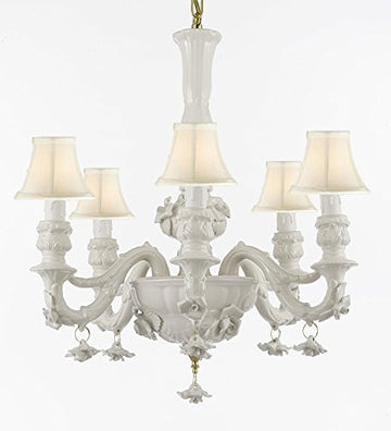 Authentic Capodimonte White Porcelain Chandelier Lighting Chandeliers Cottage Chic Made in Italy, Good for Dining Room, Kids & Girls Bedrooms w/ Roses & Flowers With White Shades Speciality item, Limited Stock Available - GB102-SC/WHITESHADE/WHITE/435/6