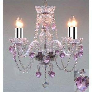 Swarovski Crystal Trimmed Chandelier! Crystal Lighting With Pink Crystal Hearts! H17" X W17" Swag Plug In-Chandelier w/14' Feet Of Hanging Chain & Wire w/Chrome S - Perfect For Kid'S & Girls Bedroom! - J10-B43/B15/B23/26098/4 SW