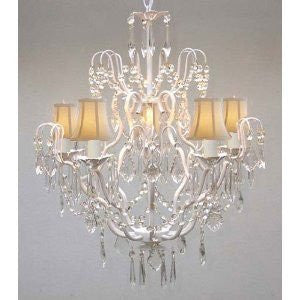 New Wrought Iron & Crystal Chandelier With White Shades H27" X W21" - J10-Whiteshades/White/26025/5