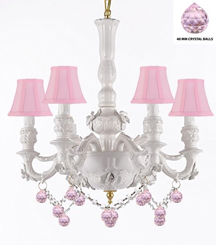 Authentic Capodimonte White Porcelain Chandelier Lighting Chandeliers Cottage Chic Made in Italy, w/ Roses & Flowers Speciality item, Limited Stock Available W/ Pink Balls Crystals and Pink Shades - GB102-SC/PINKSHADE/B52/B76/WHITE/435/6