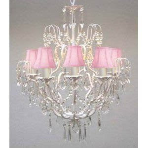 New Wrought Iron & Crystal Chandelier With Pink Shades H27" X W21" - J10-Pinkshades/C/White/26025/5