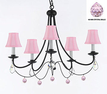 Empress Crystal (Tm) Wrought Iron Chandelier Chandeliers Lighting H.22.5" X W.26" With Pink Shades Swag Plug In-Chandelier W/ 14' Feet Of Hanging Chain And Wire - J10-B16/Sc/Pinkshades/B76/26031/5
