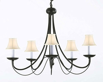 Wrought Iron Chandelier Lighting With White Shades H22" X W26" Swag Plug In-Chandelier W/ 14' Feet Of Hanging Chain And Wire - J10-Whiteshades/B16/26031/5