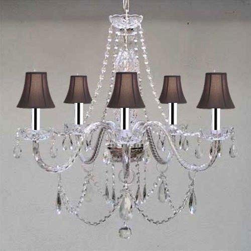 New! MURANO VENETIAN STYLE AUTHENTIC ALL CRYSTAL CHANDELIER LIGHTING W/BLACK SHADES! W/CHROME SLEEVES! W24" X H25" - A46-B43/BLACKSHADES/380/5