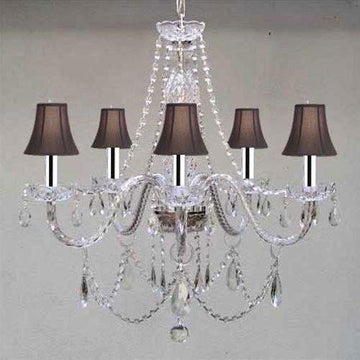 New! MURANO VENETIAN STYLE AUTHENTIC ALL CRYSTAL CHANDELIER LIGHTING W/BLACK SHADES! W/CHROME SLEEVES! W24" X H25" - A46-B43/BLACKSHADES/380/5