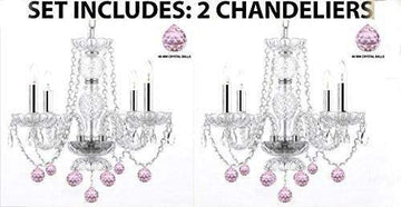 Set of 2 - Chandeliers Lighting W/Crystal Pink Balls w/Chrome Sleeves! H 17 - 2EA J10-B43/B76/26098/4