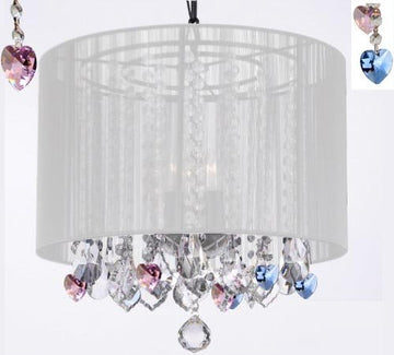 Crystal Chandelier Chandeliers With Large White Shade And Blue And Pink Crystal Hearts H15" X W15" - Perfect For Kids' And Girls Bedrooms - G7-B85/B21/White/26028/3