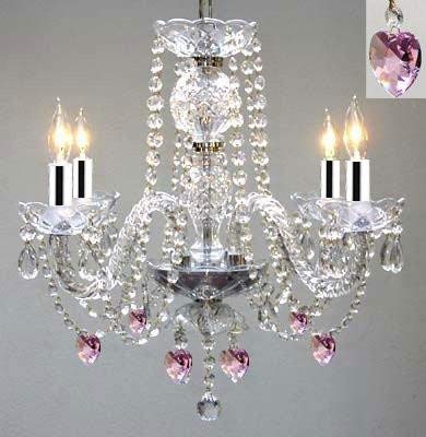Swarovski Crystal Trimmed Chandelier! Chandelier Lighting W/Crystal Pink Hearts! H 17" W17" - Perfect for Kid's and Girls Bedroom w/Chrome Sleeves! - J10-B43/B21/26098/4 SW