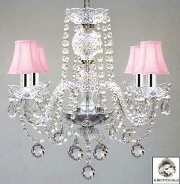 Swarovski Crystal Trimmed Chandelier! Murano Venetian Style All Crystal Chandelier W/Crystal Balls And Pink Shades w/Chrome Sleeves! - J10-B43/B6/PINKSHADES/26098/4 SW
