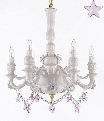 Authentic Capodimonte White Porcelain Chandelier Lighting Chandeliers Cottage Chic Made in Italy, Good for Dining Room, Kids & Girls Bedrooms w/ Roses & Flowers Speciality item, Limited Stock Available W/ Pink Stars Crystals - GB102-B52/B38/WHITE/435/6