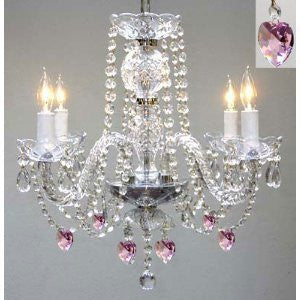 Swarovski Crystal Trimmed Chandelier Chandelier Lighting W/ Crystal Pink Hearts H 17" W17" Swag Plug In-Chandelier W/ 14' Feet Of Hanging Chain And Wire - Perfect For Kid'S And Girls Bedrooms - J10-B15/B21/26098/4 Sw