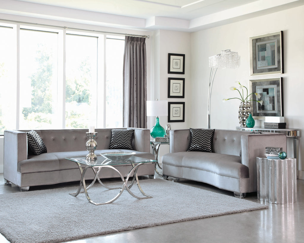 Set of 2 - Caldwell Recessed Arm Upholstered Sofa + Loveseat Silver - D300-10068