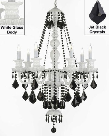 Snow White Chandelier Lighting With Jet Black Crystals H37" X W26" - G46-B2/White/Sm/490/7