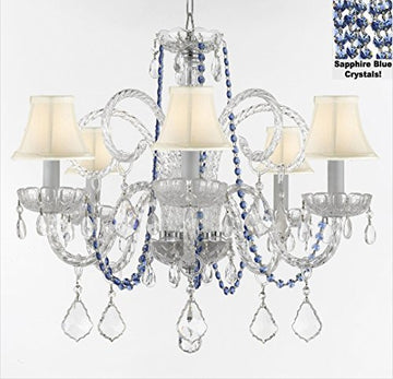 Authentic All Crystal Chandelier Chandeliers Lighting With Sapphire Blue Crystals And White Shades Perfect For Living Room Dining Room Kitchen Kid'S Bedroom H25" W24" - A46-B82/Sc/Whiteshades385/5