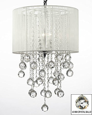 Crystal Chandelier W/ Large White Shade & Crystal Balls H24" W15" - G7-B6/White/3/26028/3
