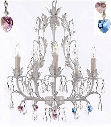 White Wrought Iron Floral Chandelier Lighting Chandeliers W/ Blue And Pink Hearts - J10-B85/B21/White/26016/5