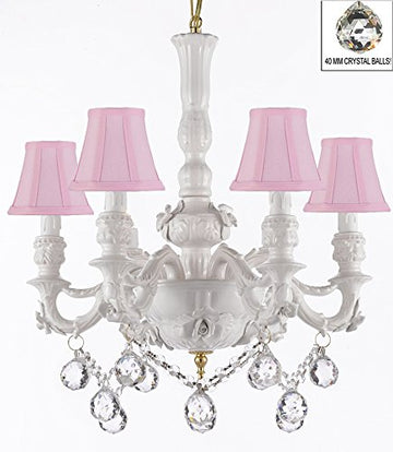 Authentic Capodimonte White Porcelain Chandelier Lighting Chandeliers Cottage Chic Made in Italy, Good for Dining Room, Kids & Girls Bedrooms w/ Roses & Flowers Speciality item, W/ Crystal Balls With Pink Shades - GB102-SC/PINKSHADE/B52/B6/WHITE/435/6