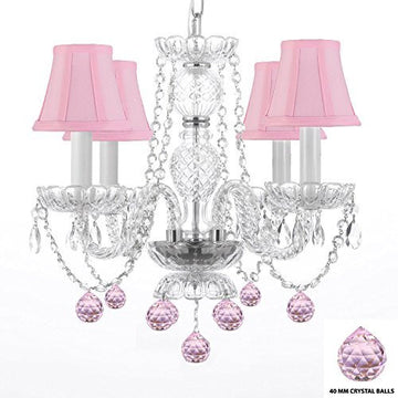 Chandelier Lighting W/ Crystal Pink Shades & Balls H 17" - Perfect For Kid'S And Girls Bedroom W 17" - J10-B76/Pinkshades/26098/4