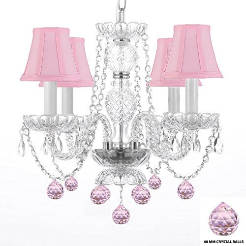 Swarovski Crystal Trimmed Chandelier Chandelier Lighting W/ Crystal Pink Shades & Balls - J10-B15/B76/Pinkshades/26098/4 Sw