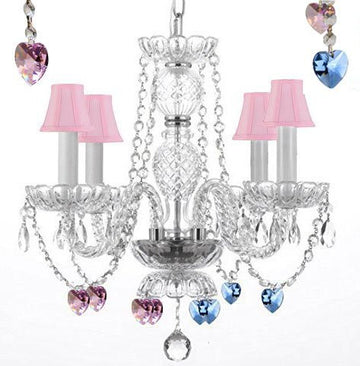 Chandelier Lighting W/ Crystal Pink Shades Blue And Pink Hearts H 17" - Perfect For Kid'S And Girls Bedroom W 17" - J10-B85/B21/Pinkshades/26098/4
