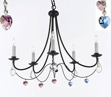 Empress Crystal (Tm) Wrought Iron Chandelier Lighting H22.5" X W26" Swag Plug In-Chandelier W/ 14' Feet Of Hanging Chain And Wire With Blue & Pink Hearts - J10-B16/B85/B21/26031/5