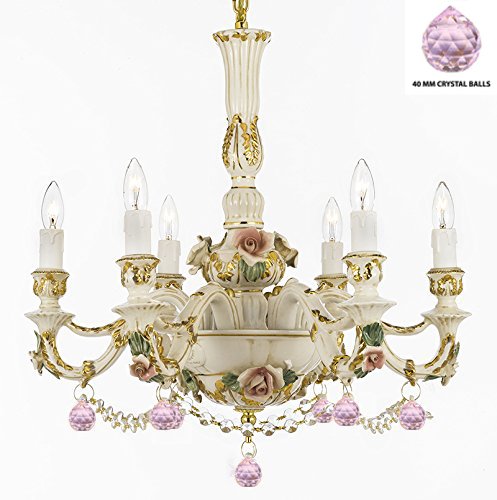 Authentic Capodimonte Porcelain Lighting Chandelier Made in Italy, Trimmed w/ Roses & Flowers Dressed w/ Crystals and Balls Trimmed with Spectra Crystal - Reliable Crystal Quality By Swarovski - GB102-B52/B76/435/6SW