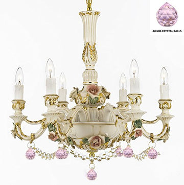 Authentic Capodimonte Porcelain Lighting Chandelier Made in Italy, Trimmed w/ Roses & Flowers Dressed w/ Crystals and Balls Trimmed with Spectra Crystal - Reliable Crystal Quality By Swarovski - GB102-B52/B76/435/6SW