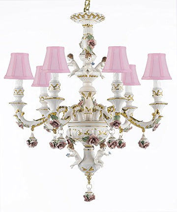 Authentic Capodimonte Porcelain Chandelier Lighting w/ Cherub Angels Made in Italy Good for Dining Room, Kids & Girls Bedrooms 24K Gold Trimmed w/ Roses & Flowers - With Pink Shades - GB102-SC/Pinkshades/119/6