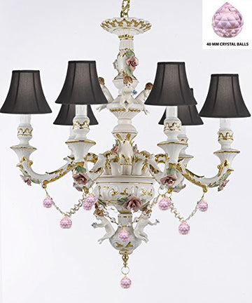Authentic Capodimonte Porcelain Chandelier Lighting Chandeliers w/ Cherub Angels W/ Pink Balls w/ Black Shades Made in Italy Trimmed w/ Roses & Flowers-Limited Stock Available - GB102-SC/BLACKSHADES/B76/119/6