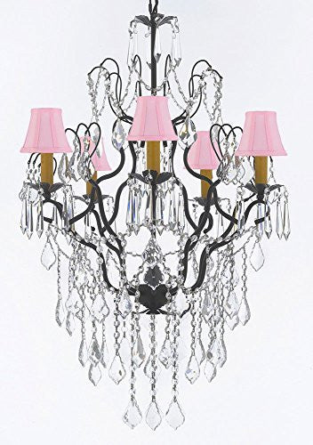 Wrought Iron Empress Crystal (Tm) Chandelier Lighting H32" X W21" With Pink Shades - J10-B12/Sc/Pinkshades/26034/5