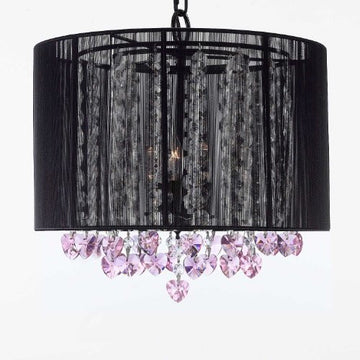 Crystal Chandelier With Large Black Shade And Pink Crystal Hearts H15" X W15" - Perfect For Kids' And Girls Bedrooms - G7-B23/Black/SM/26029/3