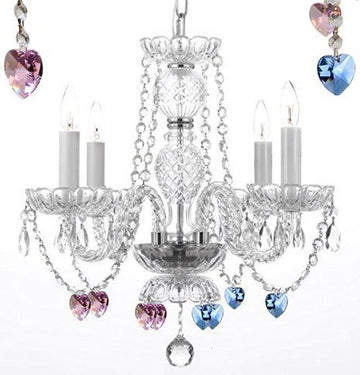 Chandelier Lighting W/ Crystal Blue And Pink Hearts H 17" W17" Swag Plug In-Chandelier W/ 14' Feet Of Hanging Chain And Wire - Perfect For Kid'S And Girls Bedrooms - J10-B15/B85/B21/26098/4