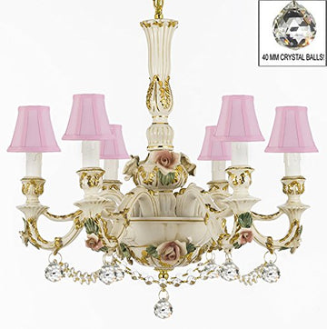 Authentic Capodimonte Porcelain Chandelier Lighting Chandeliers Cottage Chic Made in Italy Dressed w/ Crystals and Crystal Balls With Pink Shades - GB102-SC/PINKSHADE/B52/B6/435/6