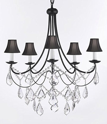 Empress Crystal (Tm) Wrought Iron Chandelier Lighting H.22.5" X W.26" With Shades Swag Plug In-Chandelier W/ 14' Feet Of Hanging Chain And Wire - J10-B16/Sc/Blackshades/B12/26031/5