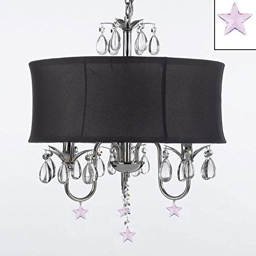 Crystal Chandelier With Large Black Shade And Pink Crystal Stars W18" H 22" - J10-B38/Black/26032/3
