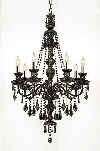 New! Jet Black Gothic Crystal Chandelier Lighting W/Chrome Sleeves! H42 x W26 - J10-B43/BLACK/26073/7